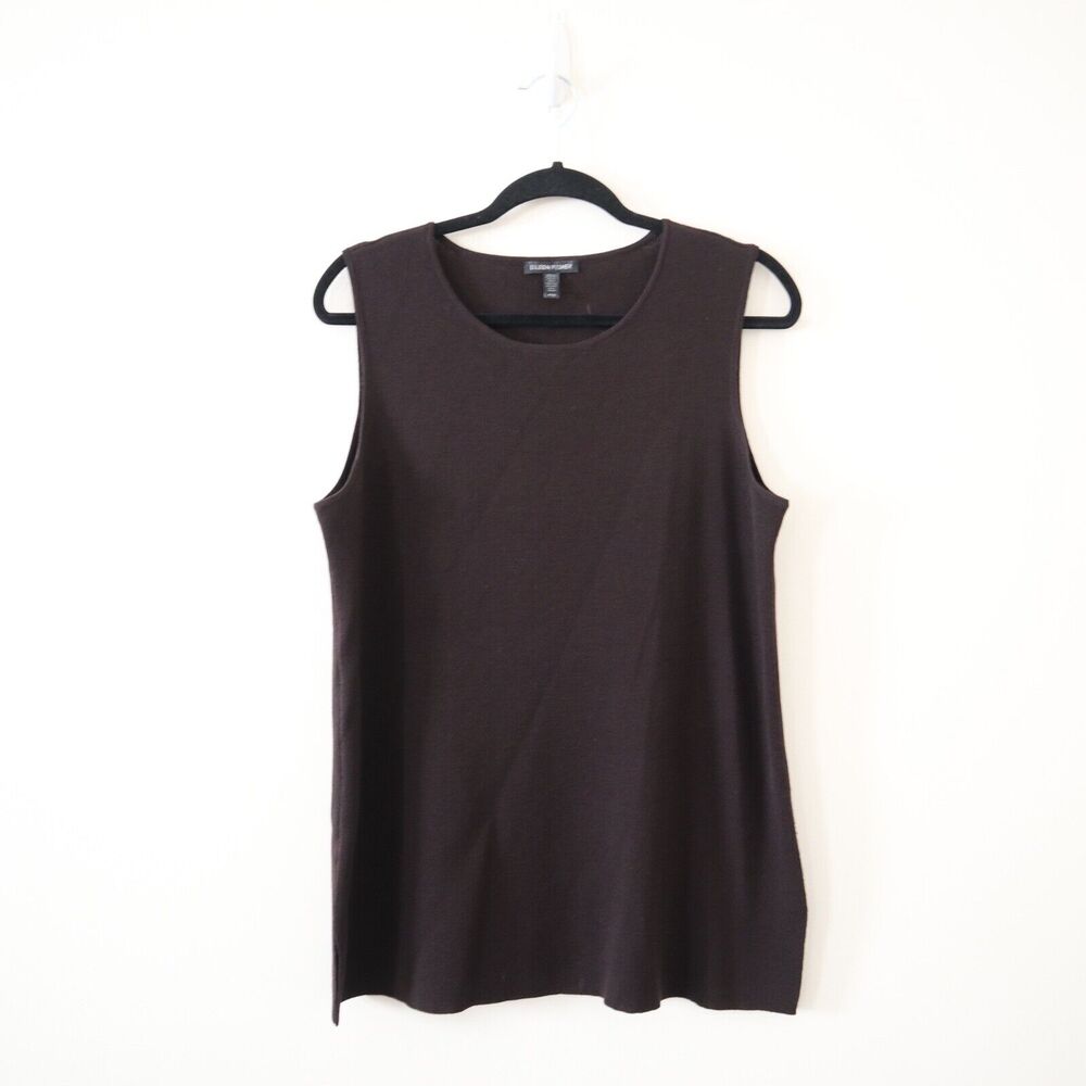Eileen Fisher Size M 100% Wool Sleeveless Knit Top Brown Shell Tank
